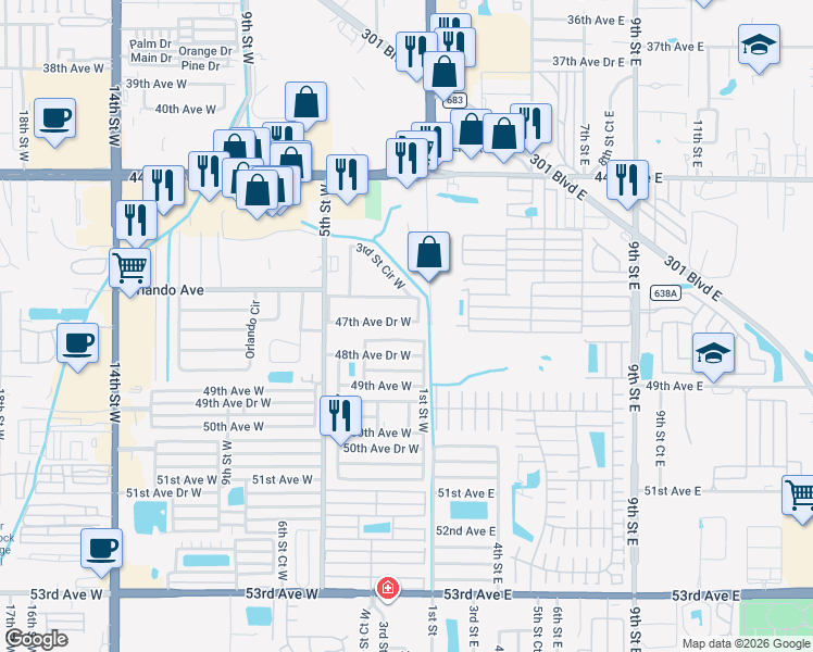 map of restaurants, bars, coffee shops, grocery stores, and more near 203 47th Avenue Drive West in Bradenton