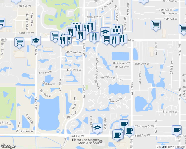 map of restaurants, bars, coffee shops, grocery stores, and more near 317 Springdale Drive in Bradenton