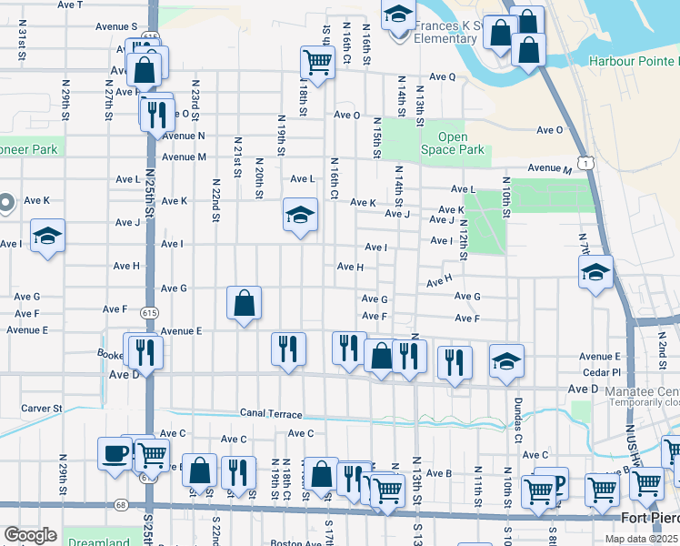 map of restaurants, bars, coffee shops, grocery stores, and more near 814 North 17th Street in Fort Pierce