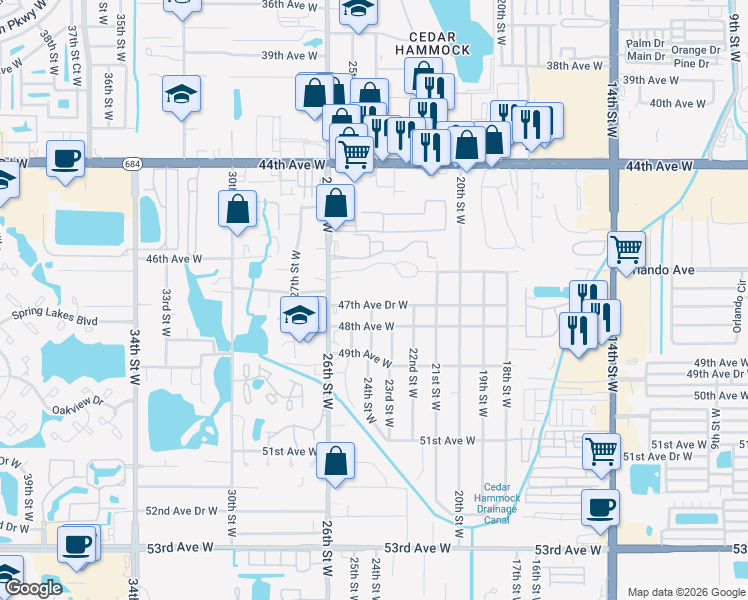 map of restaurants, bars, coffee shops, grocery stores, and more near 2307 47th Avenue Drive West in Bradenton