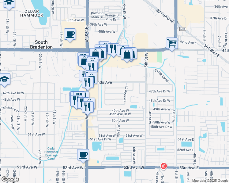 map of restaurants, bars, coffee shops, grocery stores, and more near 1002 Temple Avenue in Bradenton