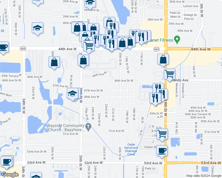 map of restaurants, bars, coffee shops, grocery stores, and more near 2103 47th Avenue Drive West in Bradenton