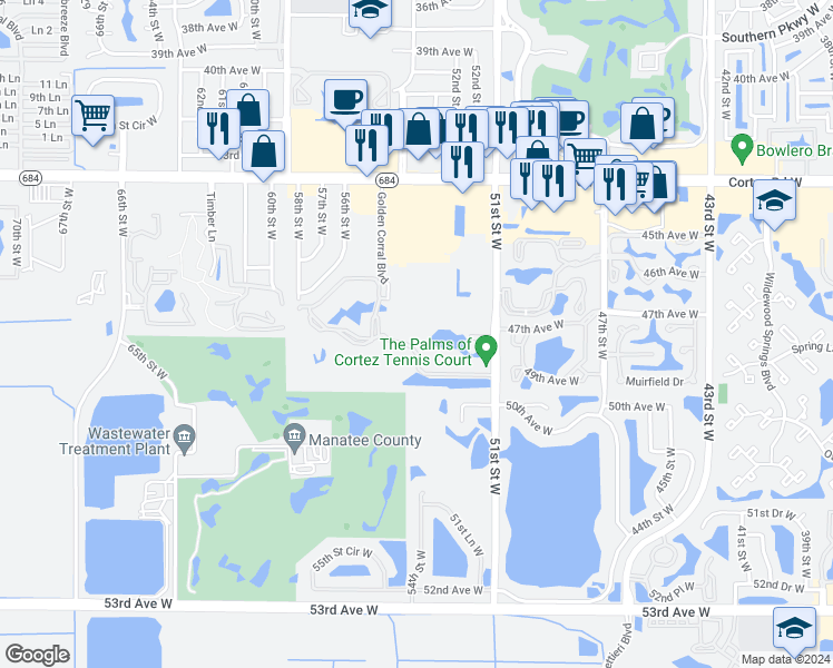 map of restaurants, bars, coffee shops, grocery stores, and more near 4802 51st Street West in Bradenton