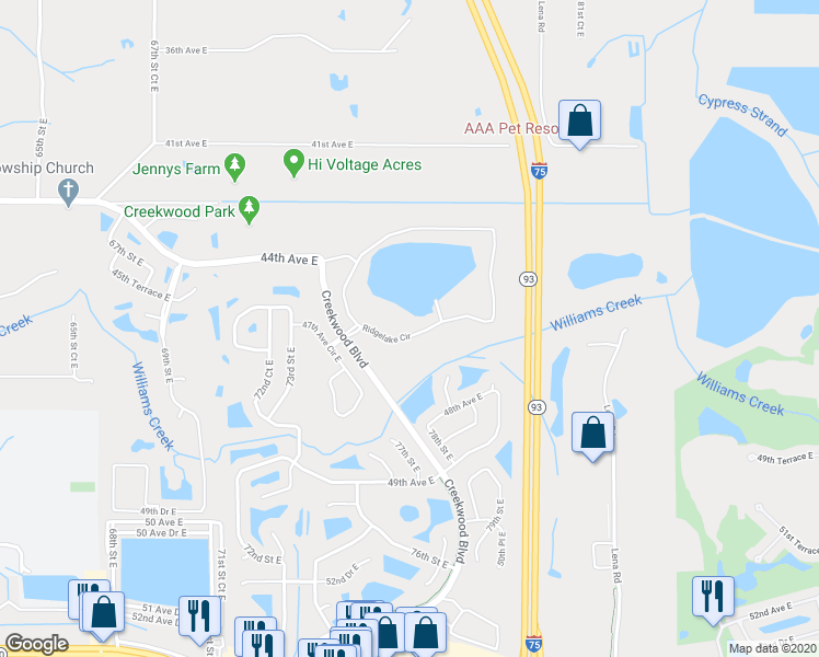 map of restaurants, bars, coffee shops, grocery stores, and more near 7425 Ridgelake Circle in Bradenton