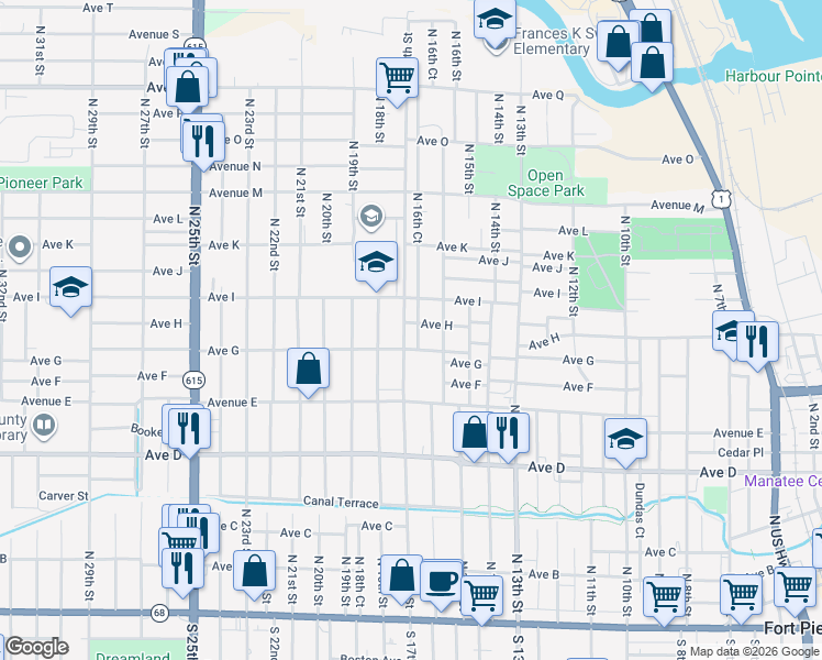 map of restaurants, bars, coffee shops, grocery stores, and more near 814 North 17th Street in Fort Pierce