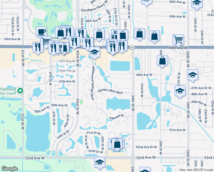 map of restaurants, bars, coffee shops, grocery stores, and more near 607 Spring Lakes Boulevard in Bradenton