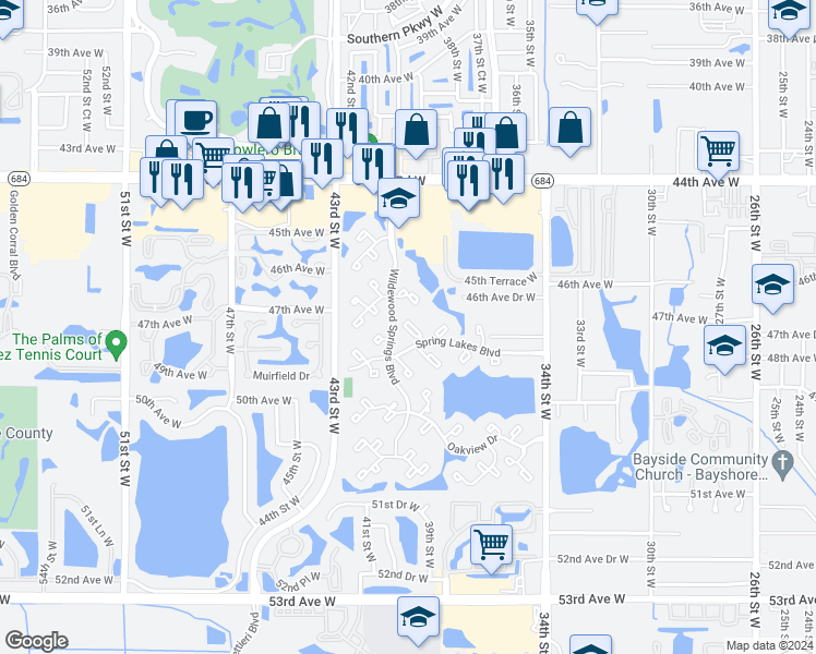 map of restaurants, bars, coffee shops, grocery stores, and more near 411 Spring Lakes Boulevard in Bradenton