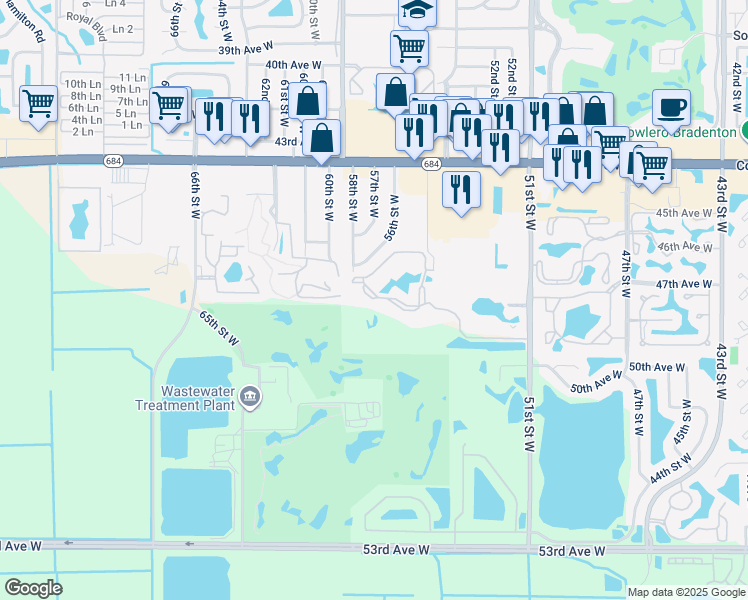 map of restaurants, bars, coffee shops, grocery stores, and more near 4850 51st St W in Bradenton