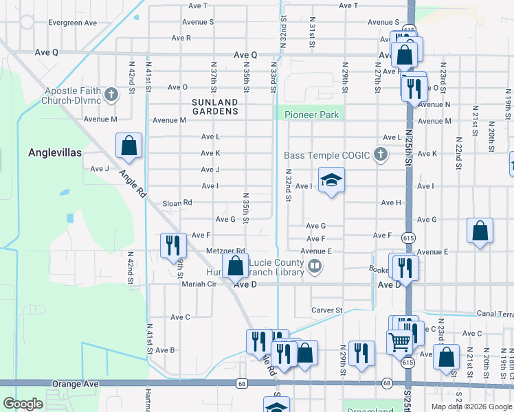 map of restaurants, bars, coffee shops, grocery stores, and more near 3411 Sloan Road in Fort Pierce