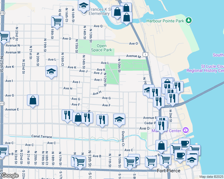 map of restaurants, bars, coffee shops, grocery stores, and more near 1016 Avenue H in Fort Pierce
