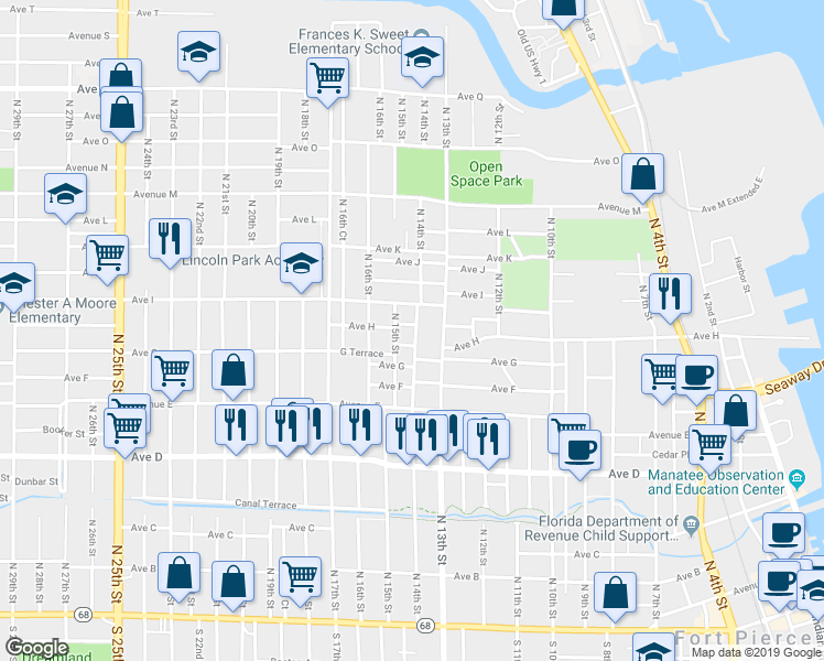map of restaurants, bars, coffee shops, grocery stores, and more near 815 North 14th Street in Fort Pierce