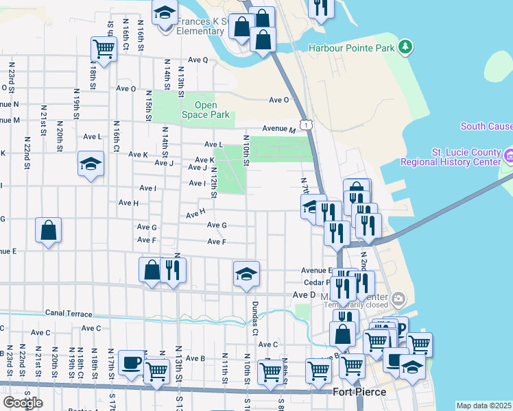 map of restaurants, bars, coffee shops, grocery stores, and more near 908 Avenue H in Fort Pierce