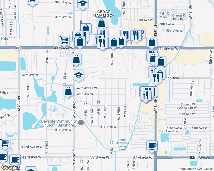 map of restaurants, bars, coffee shops, grocery stores, and more near 4613 21st Street West in Bradenton