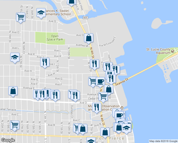 map of restaurants, bars, coffee shops, grocery stores, and more near 901 North 7th Street in Fort Pierce