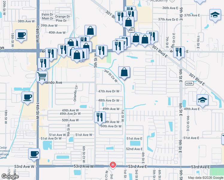 map of restaurants, bars, coffee shops, grocery stores, and more near 203 47th Avenue Drive West in Bradenton
