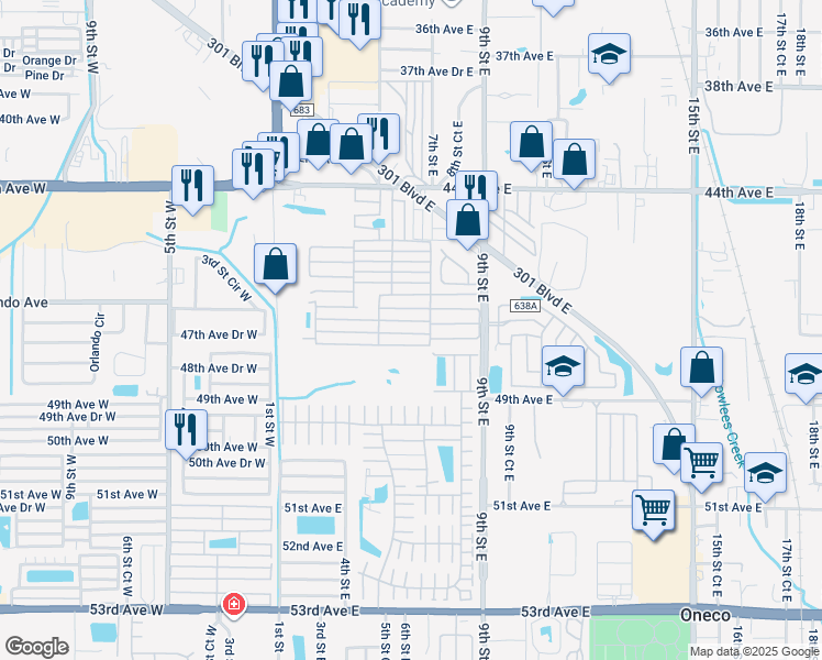 map of restaurants, bars, coffee shops, grocery stores, and more near 28 12th Avenue East in Bradenton