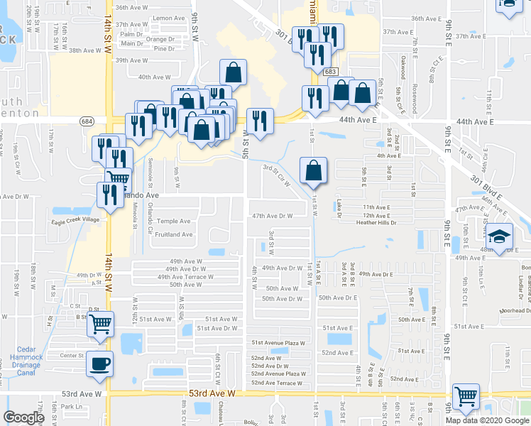 map of restaurants, bars, coffee shops, grocery stores, and more near 303 47th Avenue Drive West in Bradenton