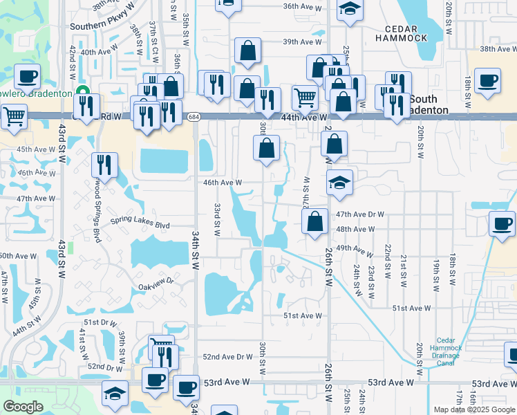 map of restaurants, bars, coffee shops, grocery stores, and more near 4705 30th Street West in Bradenton