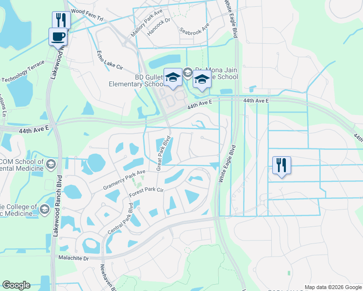 map of restaurants, bars, coffee shops, grocery stores, and more near 4619 Balboa Park Loop in Bradenton