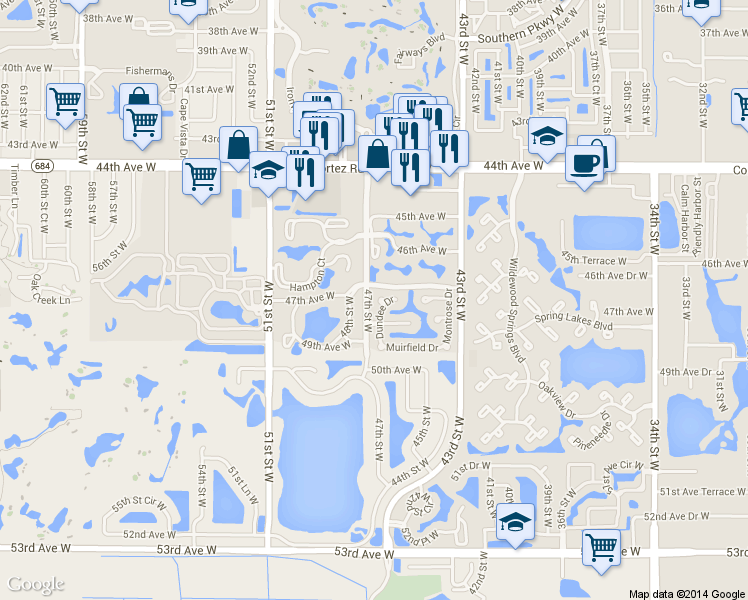 map of restaurants, bars, coffee shops, grocery stores, and more near 4734 Dundee Drive in Bradenton