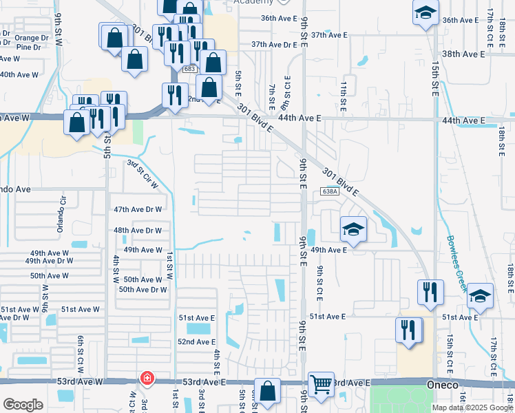 map of restaurants, bars, coffee shops, grocery stores, and more near 28 12th Avenue East in Bradenton