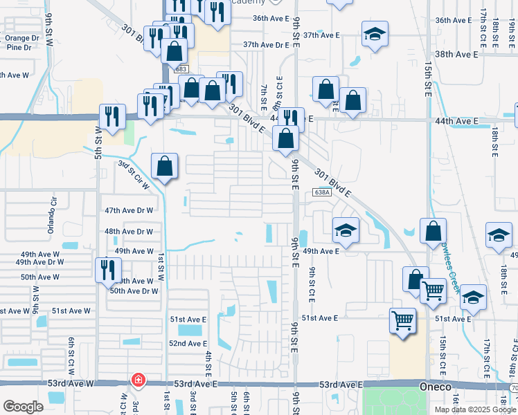 map of restaurants, bars, coffee shops, grocery stores, and more near 28 12th Avenue East in Bradenton