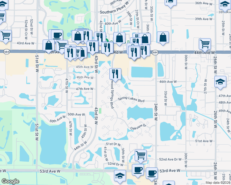 map of restaurants, bars, coffee shops, grocery stores, and more near 416 Spring Lakes Boulevard in Bradenton