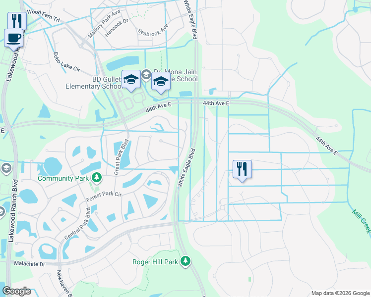 map of restaurants, bars, coffee shops, grocery stores, and more near 12126 Longview Lake Circle in Bradenton