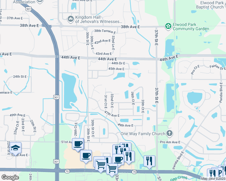 map of restaurants, bars, coffee shops, grocery stores, and more near 4569 32nd Court East in Bradenton
