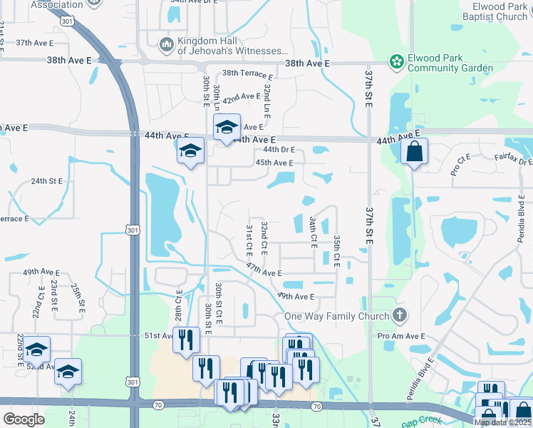 map of restaurants, bars, coffee shops, grocery stores, and more near 4569 32nd Court East in Bradenton