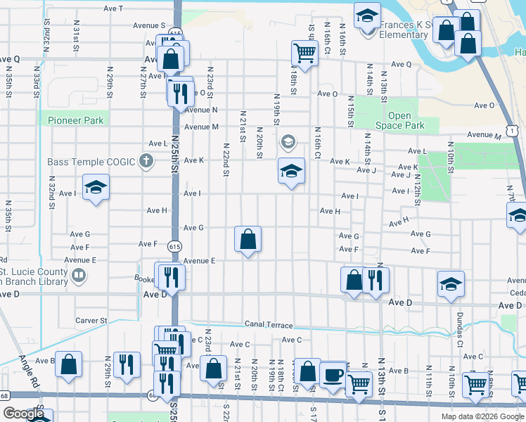 map of restaurants, bars, coffee shops, grocery stores, and more near 812 North 20th Street in Fort Pierce
