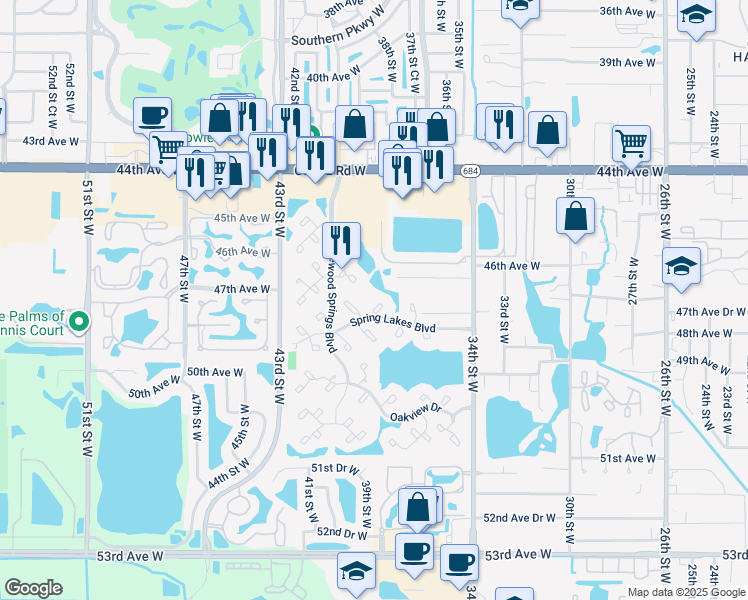 map of restaurants, bars, coffee shops, grocery stores, and more near 607 Spring Lakes Boulevard in Bradenton