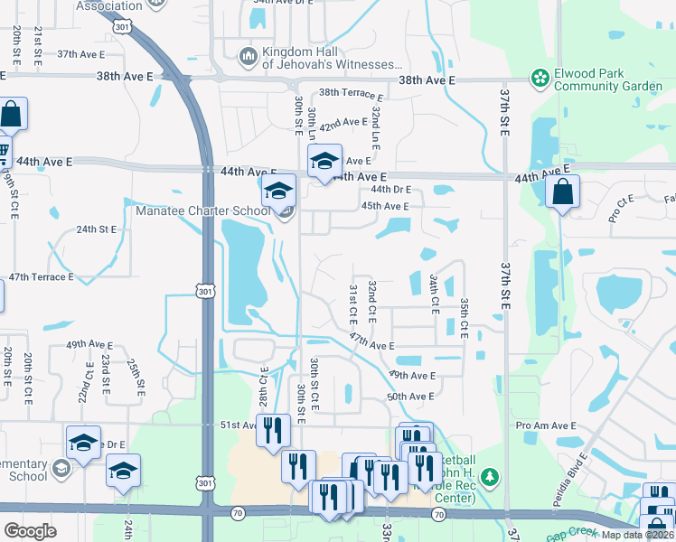 map of restaurants, bars, coffee shops, grocery stores, and more near 4513 30th Street Court East in Bradenton
