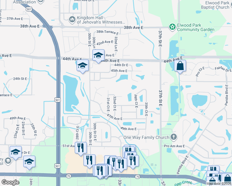 map of restaurants, bars, coffee shops, grocery stores, and more near 4569 32nd Court East in Bradenton
