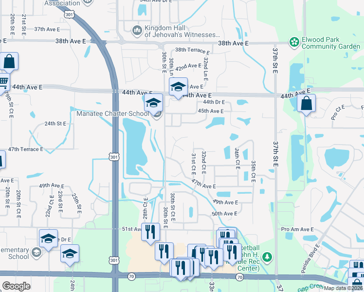 map of restaurants, bars, coffee shops, grocery stores, and more near 4513 30th Street Court East in Bradenton