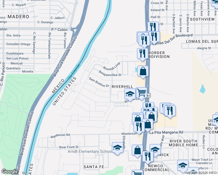 map of restaurants, bars, coffee shops, grocery stores, and more near 647 Sam Bratton Drive in Laredo