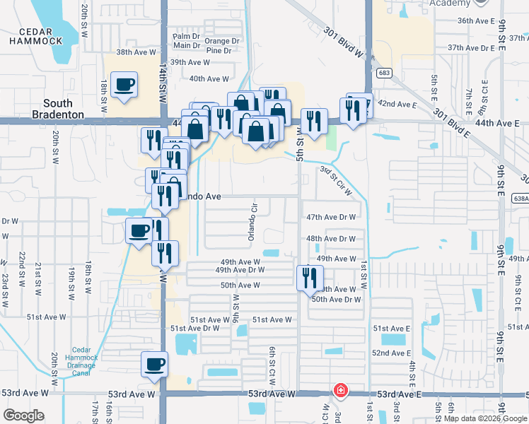 map of restaurants, bars, coffee shops, grocery stores, and more near 756 Melody Lane in Bradenton