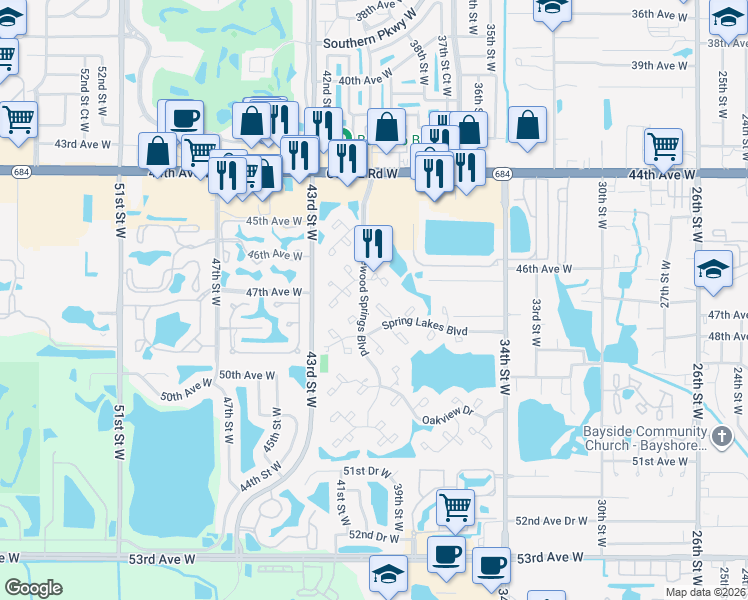 map of restaurants, bars, coffee shops, grocery stores, and more near 411 Spring Lakes Boulevard in Bradenton