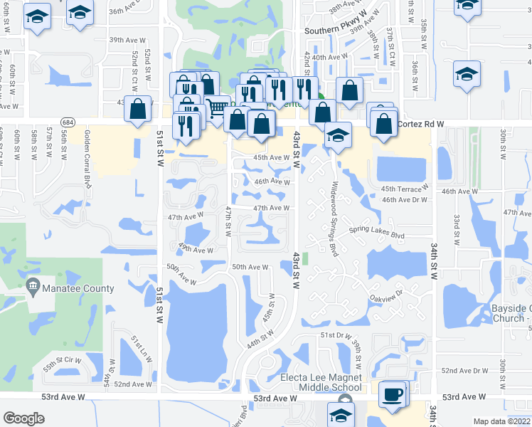 map of restaurants, bars, coffee shops, grocery stores, and more near 4701 Dundee Drive in Bradenton