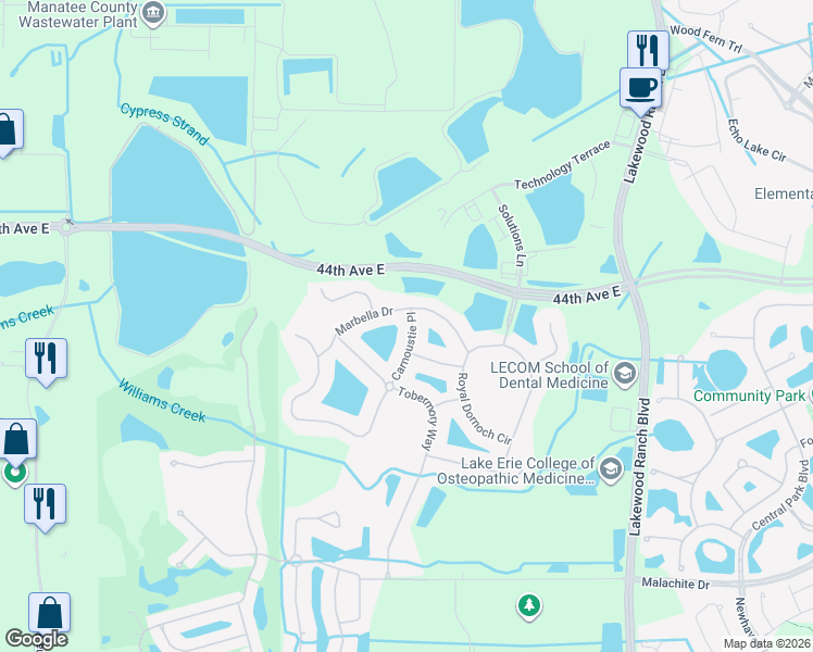 map of restaurants, bars, coffee shops, grocery stores, and more near 10123 Carnoustie Place in Bradenton