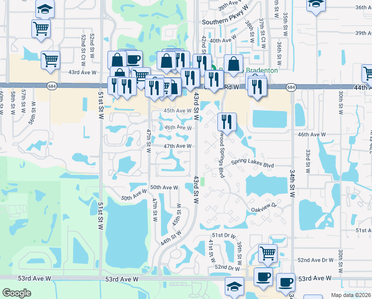 map of restaurants, bars, coffee shops, grocery stores, and more near 4306 Turnberry Court in Bradenton