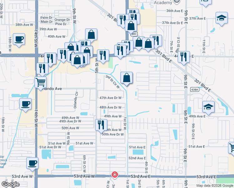 map of restaurants, bars, coffee shops, grocery stores, and more near 203 47th Avenue Drive West in Bradenton