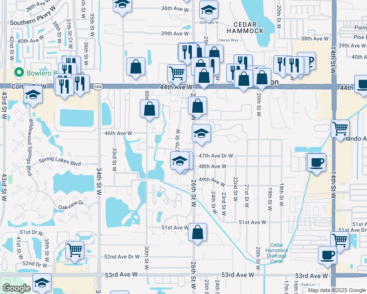 map of restaurants, bars, coffee shops, grocery stores, and more near 2611 47th Avenue West in Bradenton