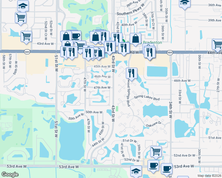 map of restaurants, bars, coffee shops, grocery stores, and more near 4306 Turnberry Court in Bradenton