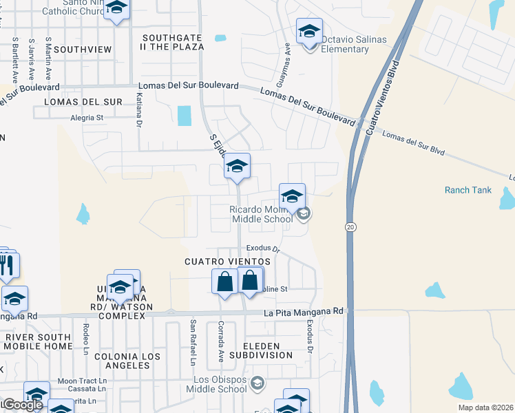 map of restaurants, bars, coffee shops, grocery stores, and more near 4403 Mercedes Drive in Laredo