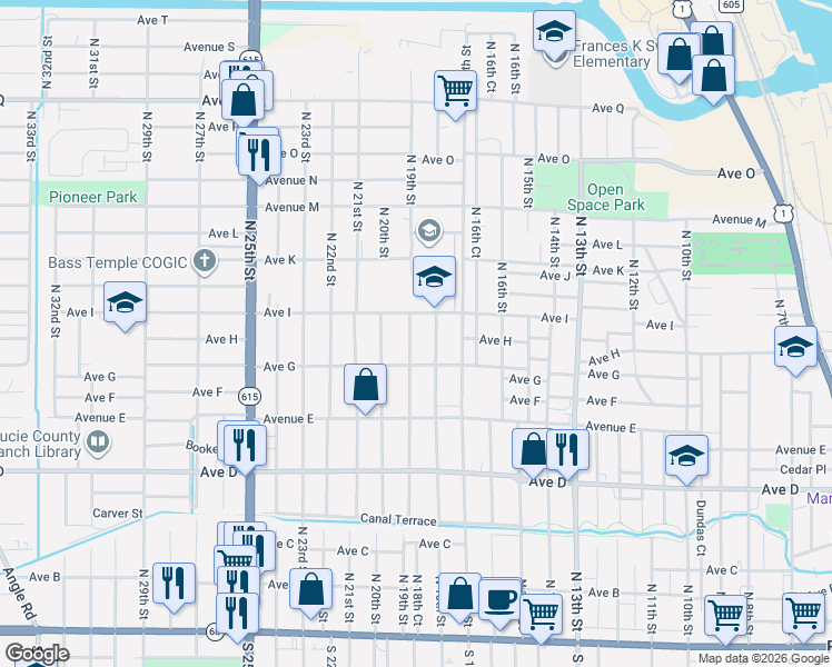 map of restaurants, bars, coffee shops, grocery stores, and more near 906 North 19th Street in Fort Pierce