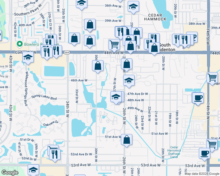 map of restaurants, bars, coffee shops, grocery stores, and more near 2807 47th Avenue West in Bradenton