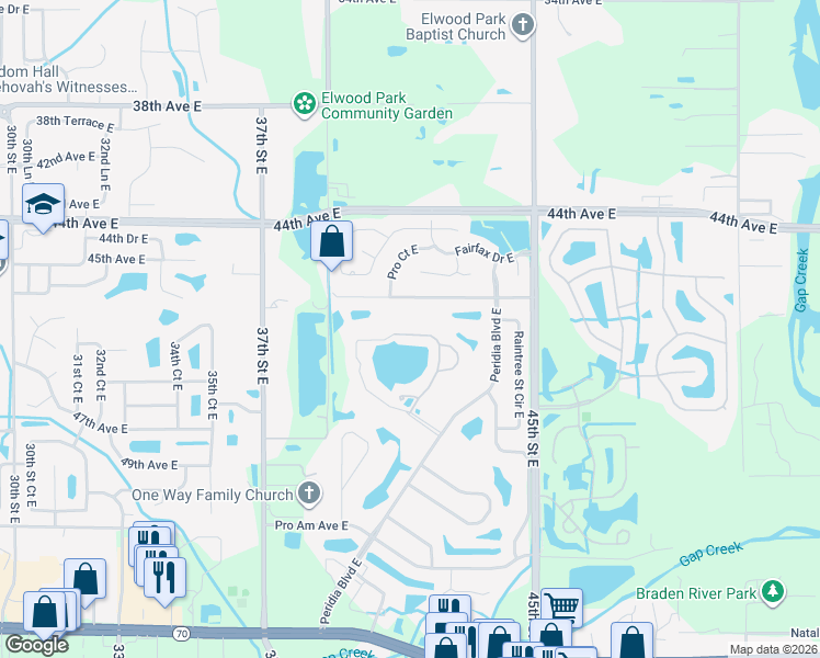 map of restaurants, bars, coffee shops, grocery stores, and more near 4207 Caddie Drive East in Bradenton