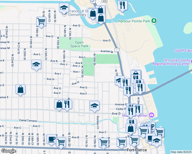 map of restaurants, bars, coffee shops, grocery stores, and more near 908 Avenue H in Fort Pierce