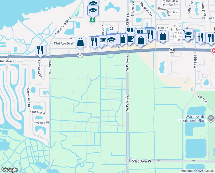map of restaurants, bars, coffee shops, grocery stores, and more near 80th Street West in Bradenton